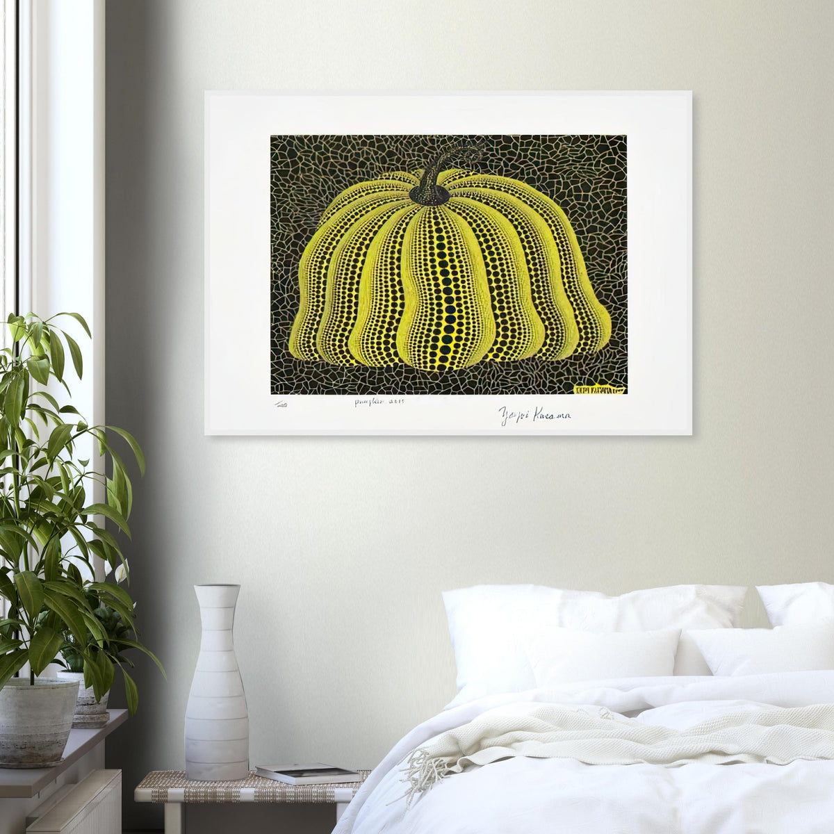 Yayoi Kusama framed print — Pumpkin 2000 (Yellow) uses a yellow treatment to reinterpret one of Kusama’s most affectionate subjects