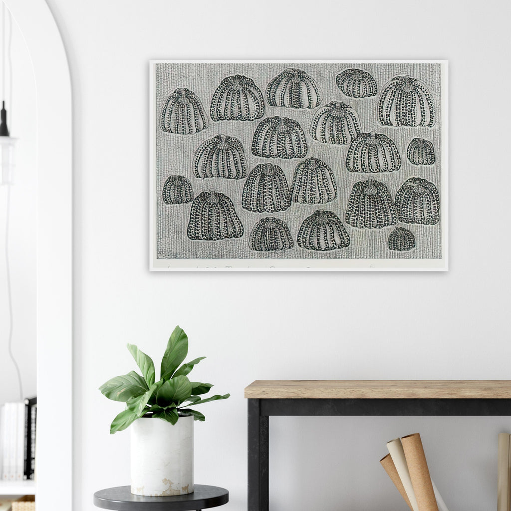 Yayoi Kusama framed print — Pumpkin Army (black and white) turns a single familiar vegetable into a collective presence