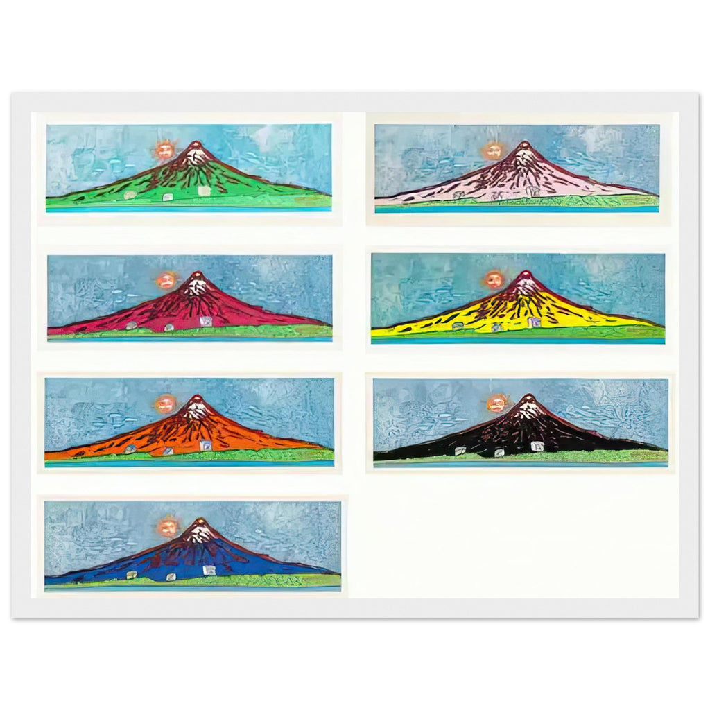 Yayoi Kusama framed print — Mt. Fuji in Seven Colours (Complete Set) brings together seven distinct interpretations of Japan’s famous mountain. Rather than repeating a single landscape, Kusama, white frame, 30x40 cm / 12x16″