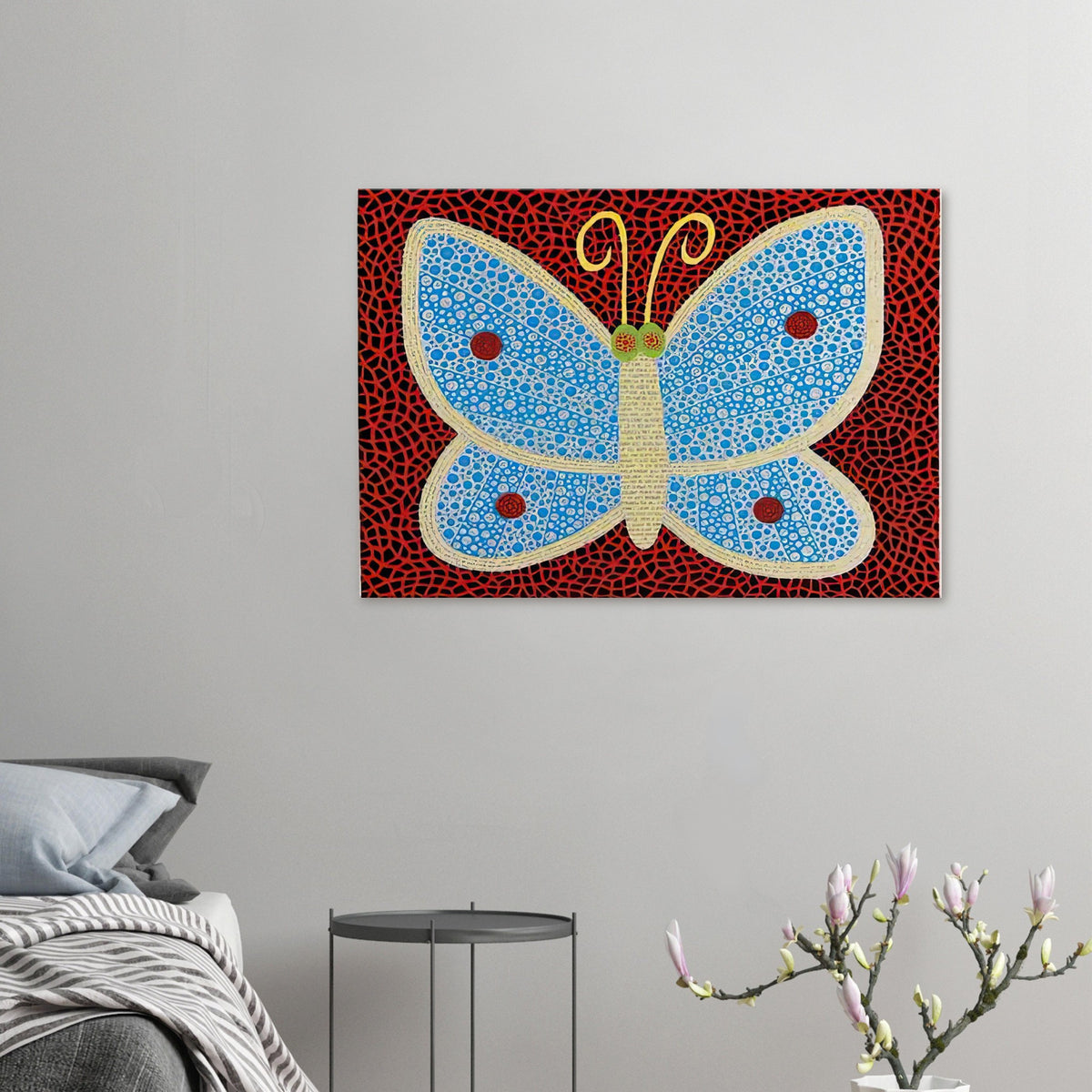 Yayoi Kusama canvas print — Papillon II from Amour pour Toujours explores the butterfly as a symbol of delicacy and transformation