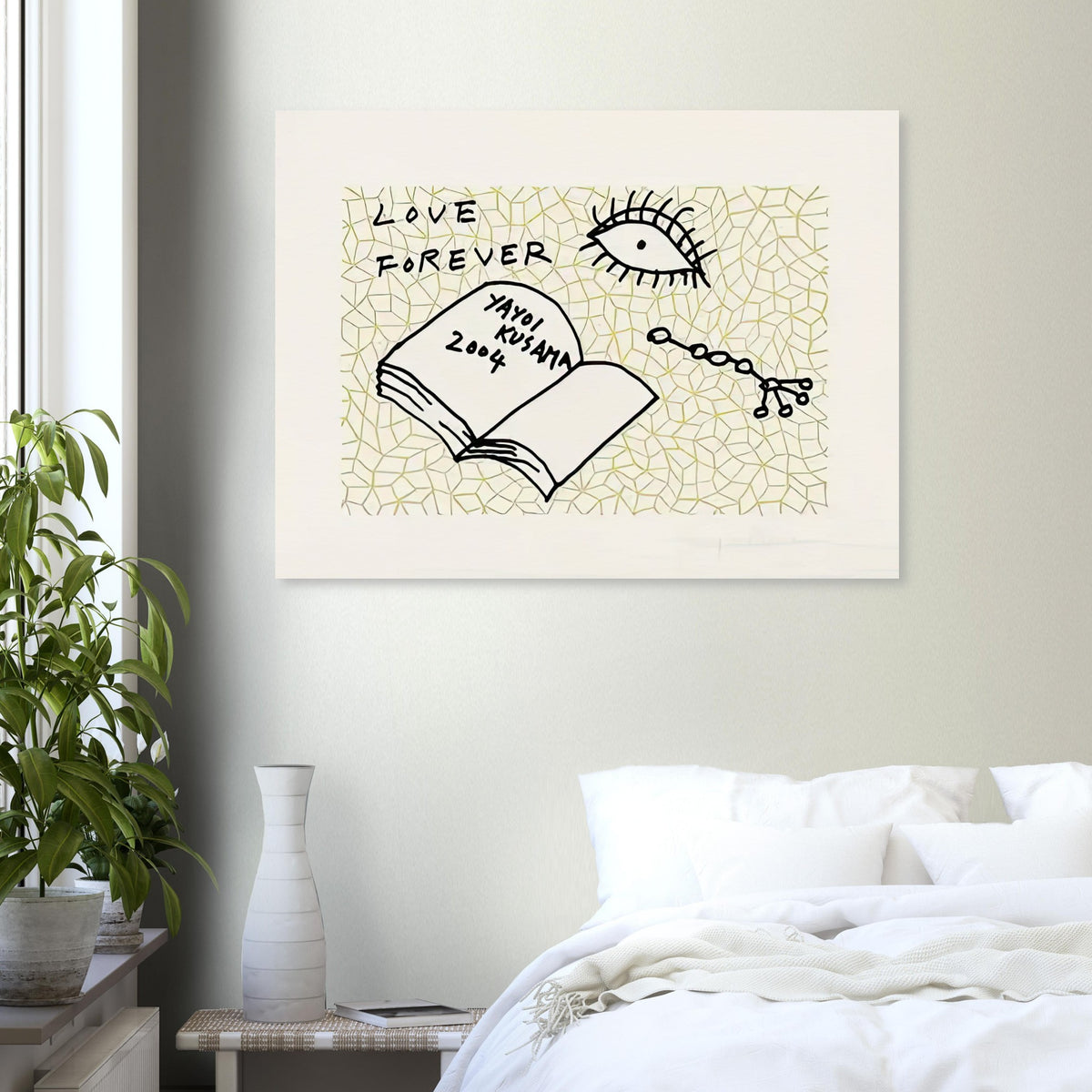 Yayoi Kusama poster — Book to Read at Night A places an illustrated book at the center of a strange, poetic visual world