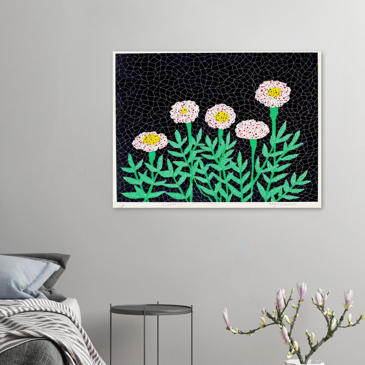 Yayoi Kusama poster — Flowers 1 places blooming forms at the center of the composition