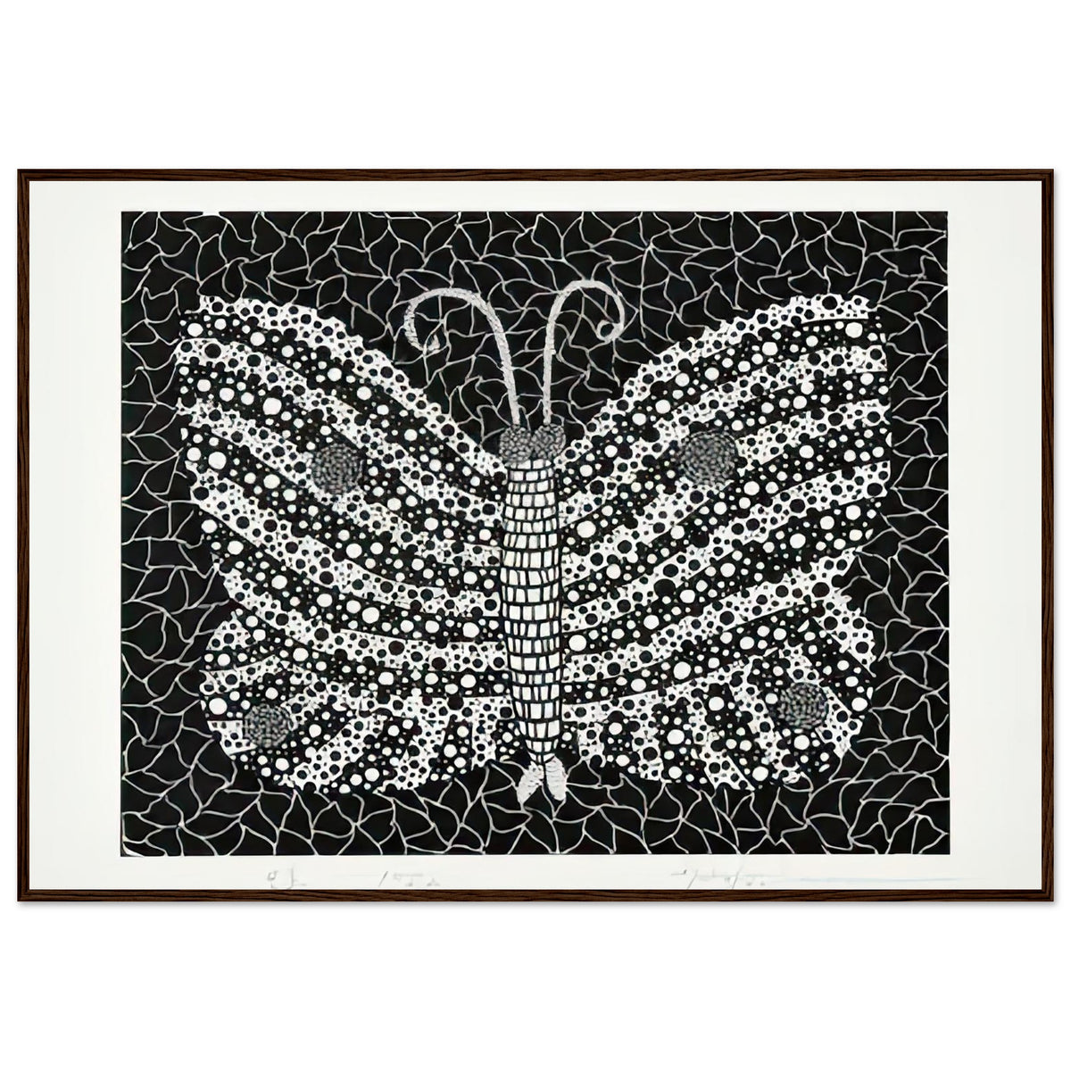 Yayoi Kusama framed print — Butterfly [Kusama 18] by Yayoi Kusama takes the lightness of a butterfly and gives it graphic intensity through pattern, dark wood frame, 70x100 cm / 28x40″