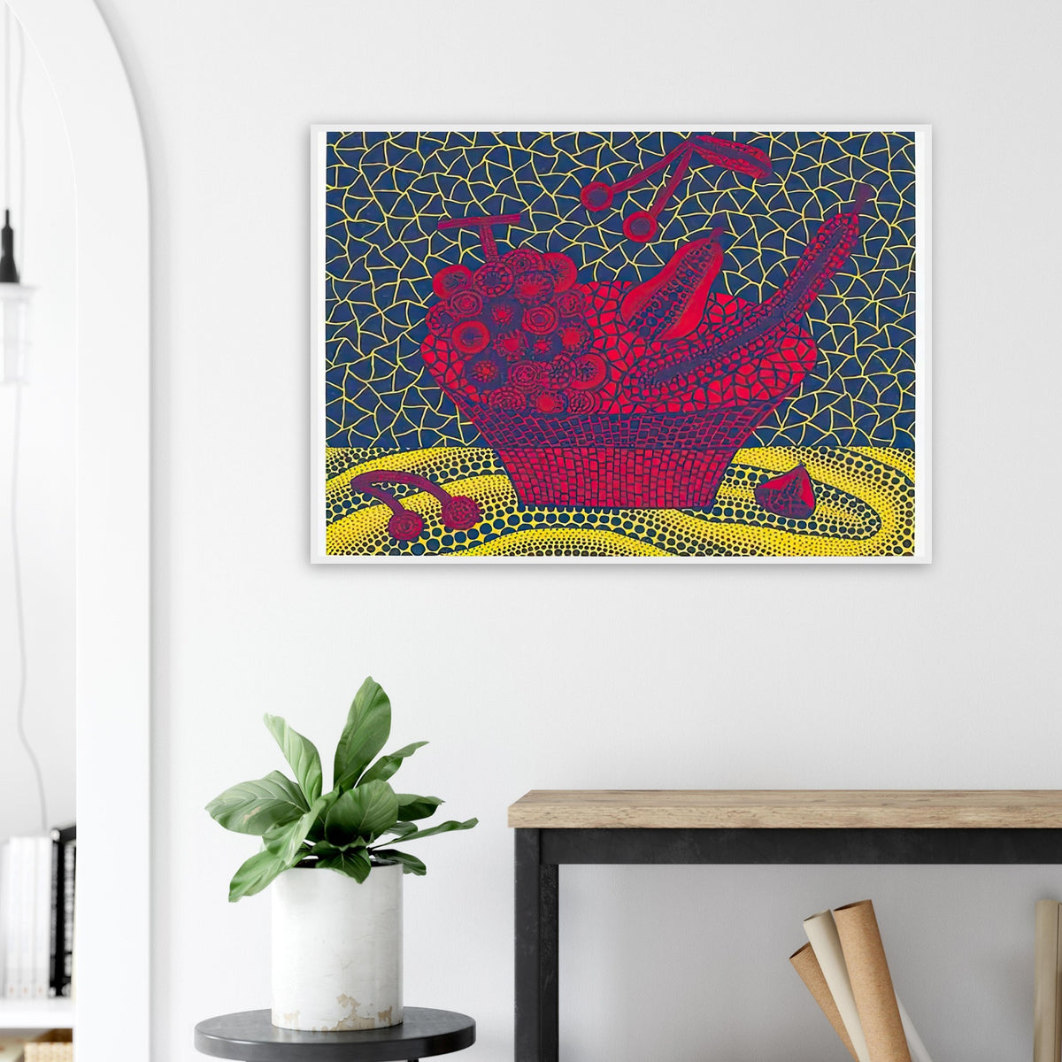 Yayoi Kusama framed print — Fruit Basket (5) by Yayoi Kusama explores one of the artist’s recurring subjects: the abundance of ordinary fruit