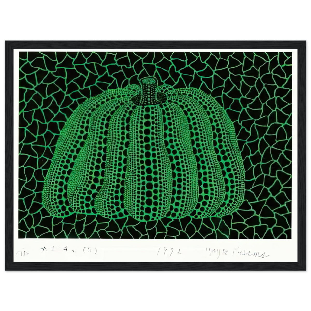 Yayoi Kusama framed print — Pumpkin (G) [Kusama 151] revisits Kusama’s best-known vegetable through the relationship between its distinctive form and repeating ornament, black frame, 30x40 cm / 12x16″