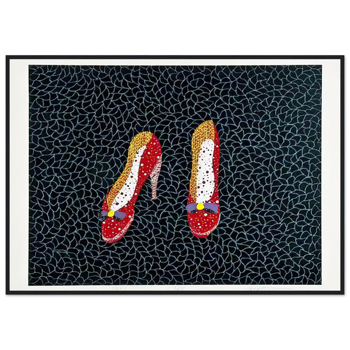 Yayoi Kusama framed print — Shoes (2) turns a footwear object into an image about shape, balance and individuality, black frame, 70x100 cm / 28x40″