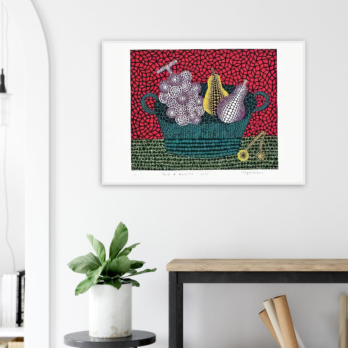 Yayoi Kusama framed print — Panier de Fruits I from Amour pour Toujours turns a basket of fruit into a lively decorative still life