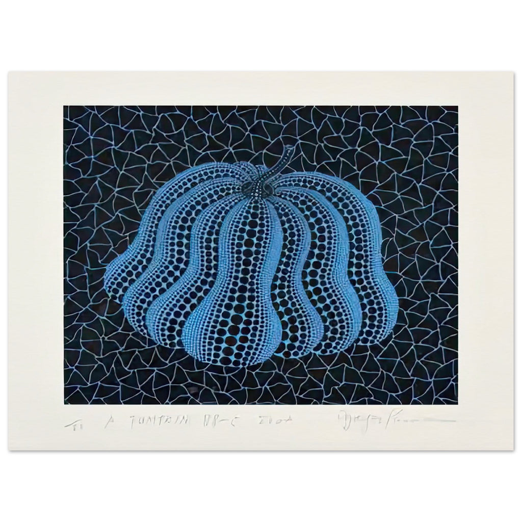 Yayoi Kusama poster — Pumpkin (BB-C) [Kusama 330] revisits Kusama’s best-known vegetable through the relationship between its distinctive form and repeating ornament, 15x20 cm / 6x8″