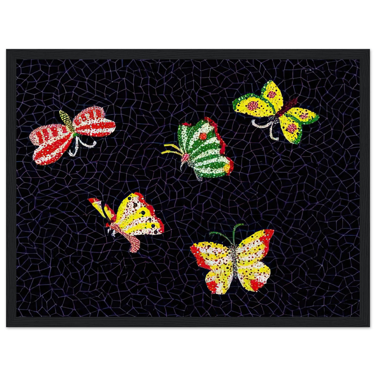 Yayoi Kusama framed print — Butterfly [Kusama 82] by Yayoi Kusama takes the lightness of a butterfly and gives it graphic intensity through pattern, black frame, 30x40 cm / 12x16″
