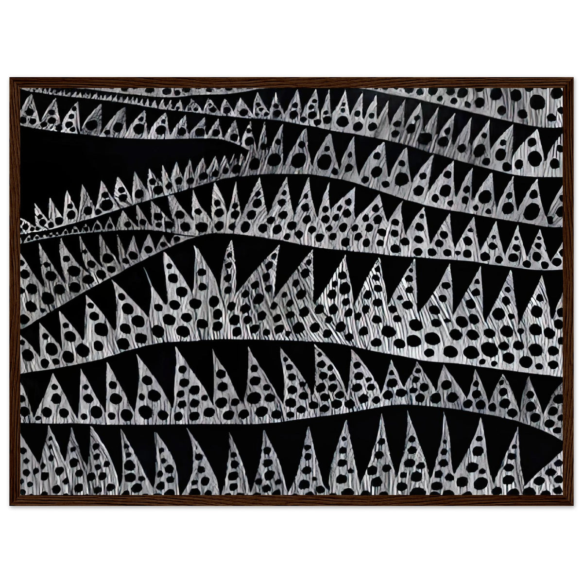 Yayoi Kusama framed print — Waves (TWXZO) approaches the motion of water as a patterned, repeating event, dark wood frame, 45x60 cm / 18x24″