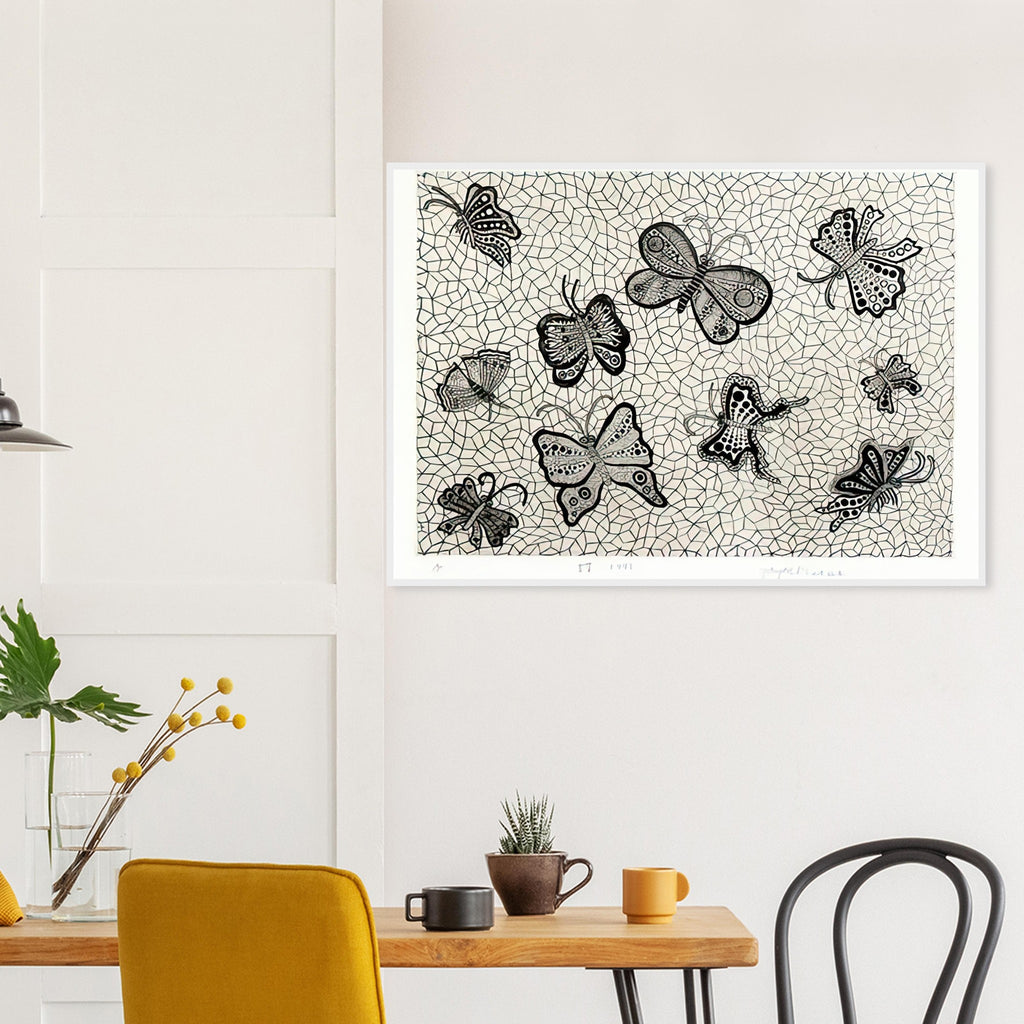 Yayoi Kusama framed print — Butterflies draws on the delicate symmetry and movement of a familiar insect, a recurring subject in Kusama’s printmaking