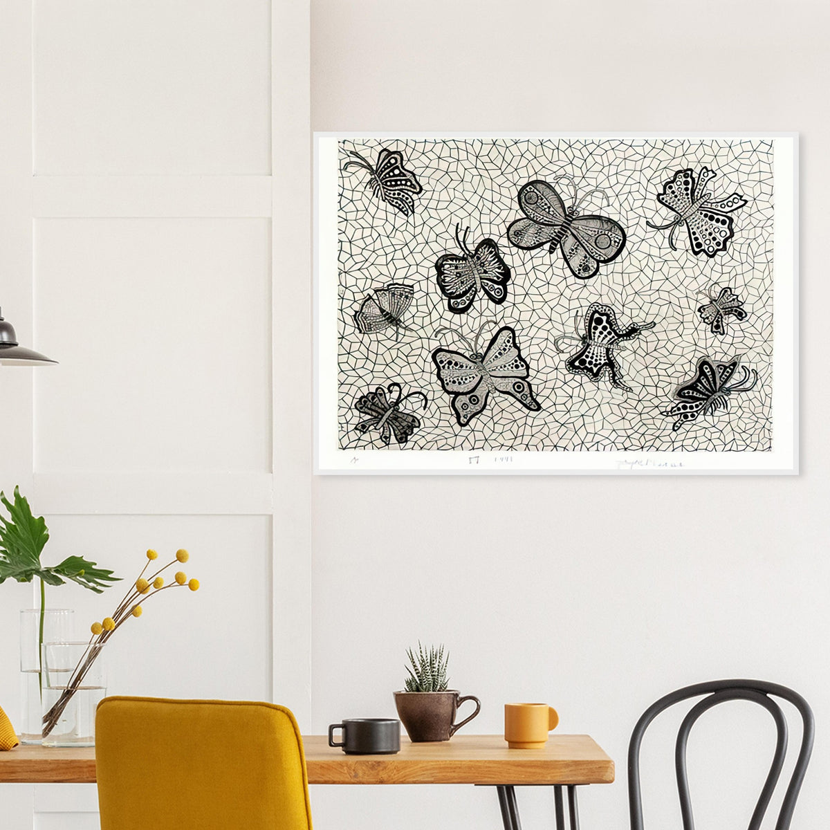 Yayoi Kusama framed print — Butterflies draws on the delicate symmetry and movement of a familiar insect, a recurring subject in Kusama’s printmaking