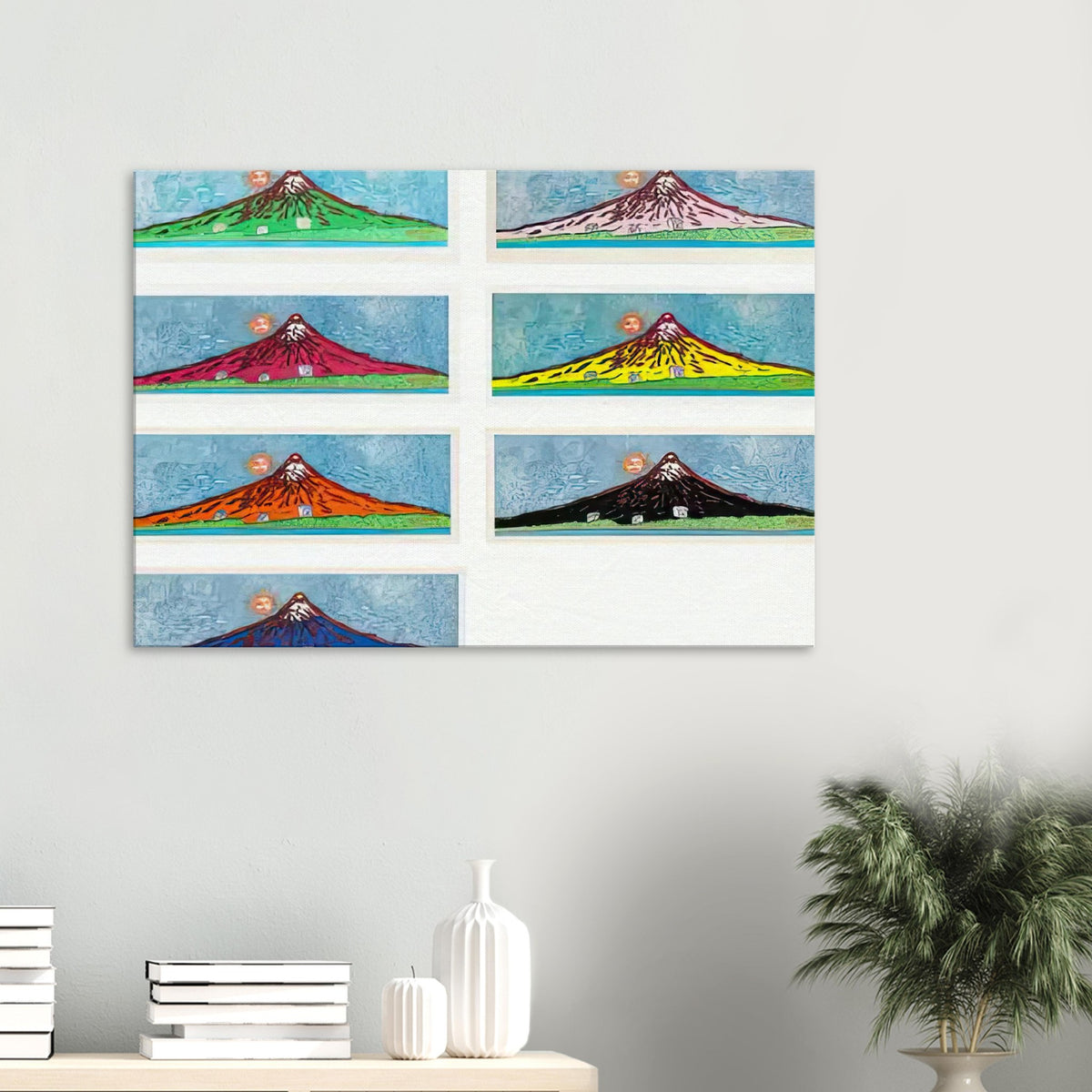 Yayoi Kusama canvas print — Mt. Fuji in Seven Colours (Complete Set) brings together seven distinct interpretations of Japan’s famous mountain. Rather than repeating a single landscape, Kusama