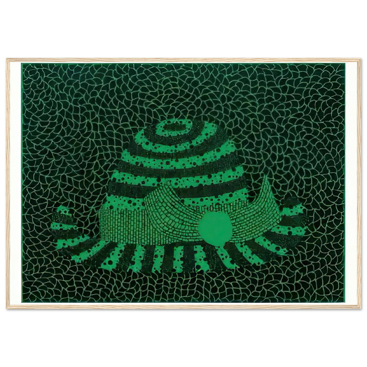 Yayoi Kusama framed print — Hat (Green) presents a familiar accessory as an exercise in changing color and graphic character, wood frame, 70x100 cm / 28x40″