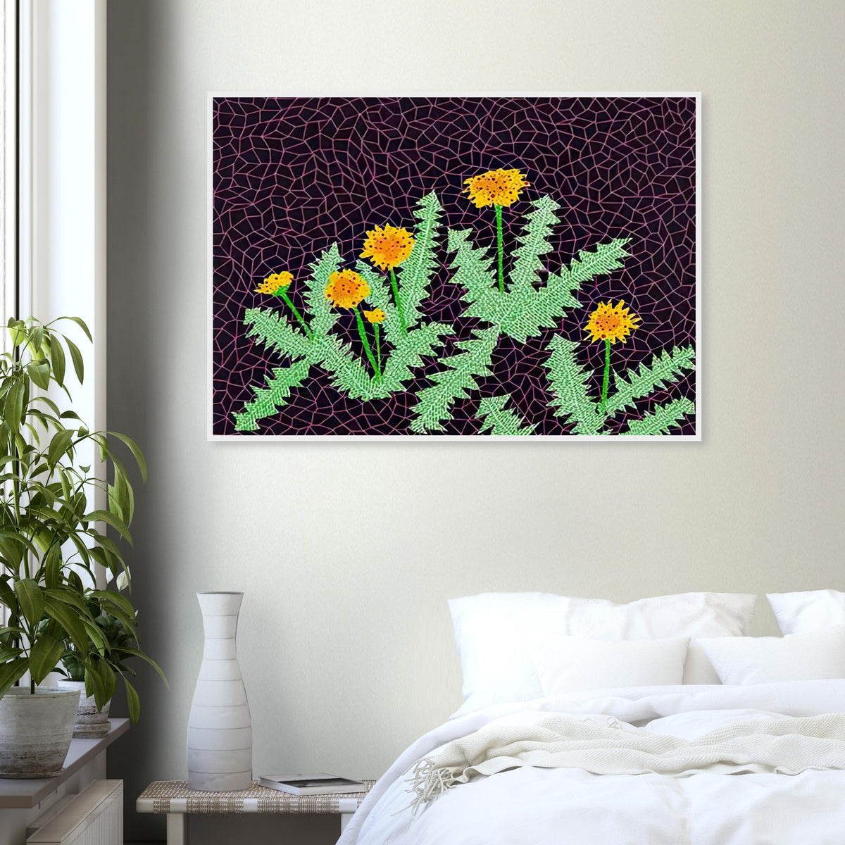 Yayoi Kusama framed print — Dandelions [Kusama 85] approaches a common meadow flower as a subject worth close observation