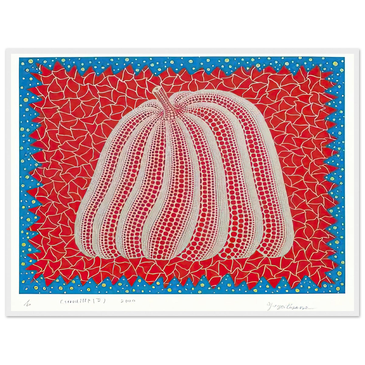 Yayoi Kusama framed print — Citrouille II from Amour pour Toujours gives Kusama’s beloved pumpkin a celebratory role within a portfolio devoted to love, white frame, 60x80 cm / 24x32″