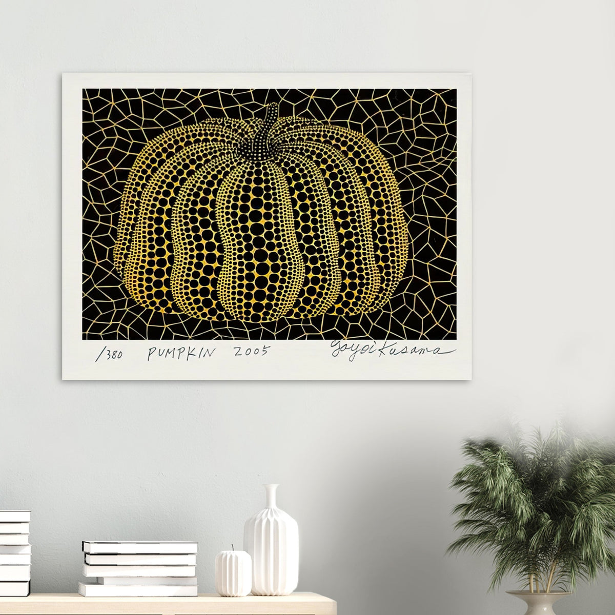 Yayoi Kusama poster — Pumpkin places the rounded gourd at the center of Kusama’s visual imagination, treating a humble vegetable as an individual character