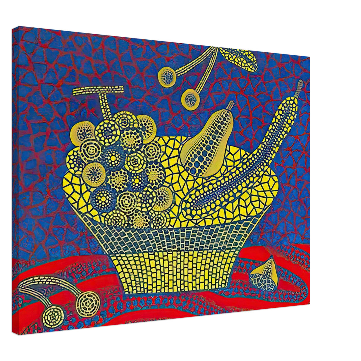 Yayoi Kusama canvas print — Fruit Basket (1) by Yayoi Kusama explores one of the artist’s recurring subjects: the abundance of ordinary fruit, 60x80 cm / 24x32″