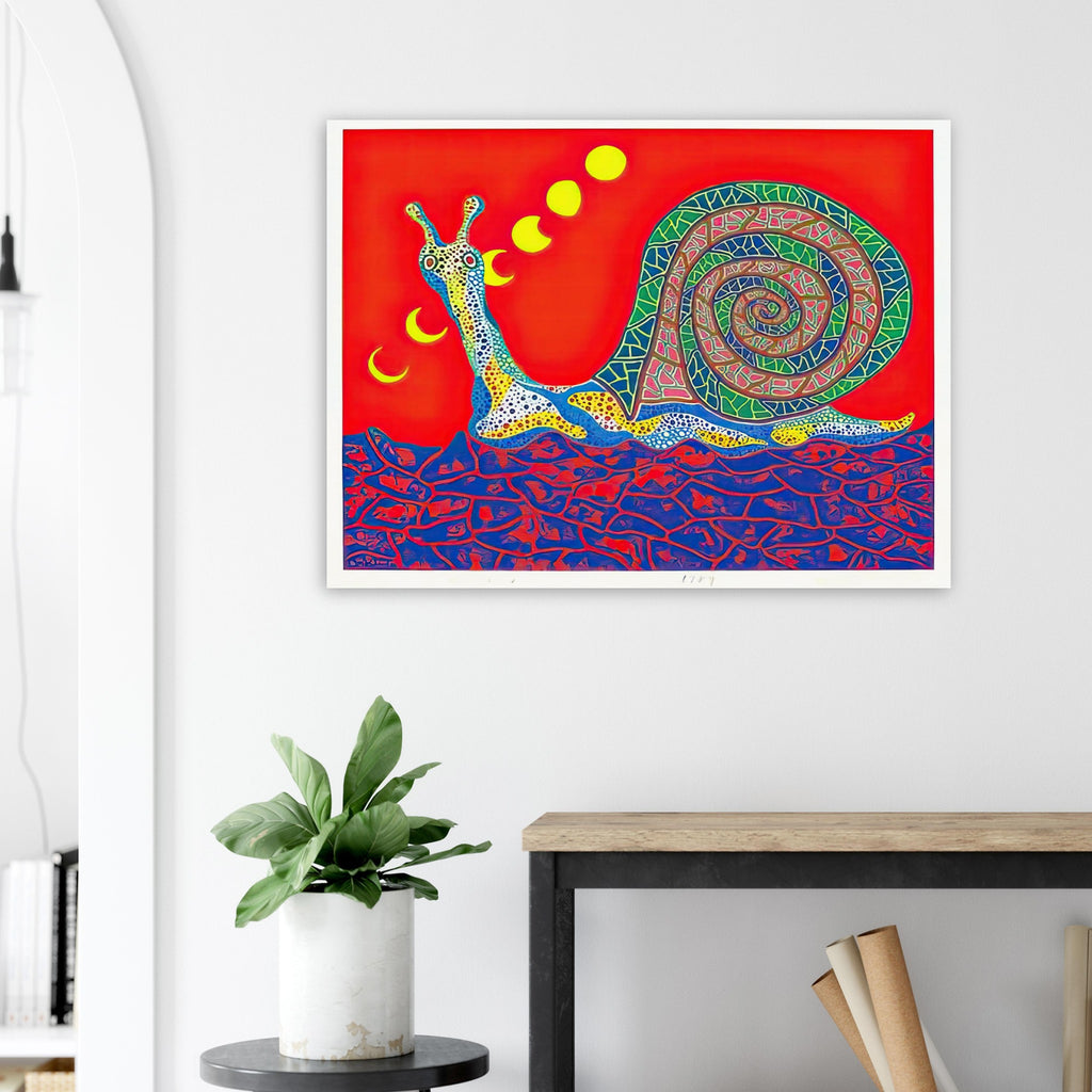 Yayoi Kusama poster — Snail takes a slow-moving creature and makes its spiral shell and delicate movement the center of attention