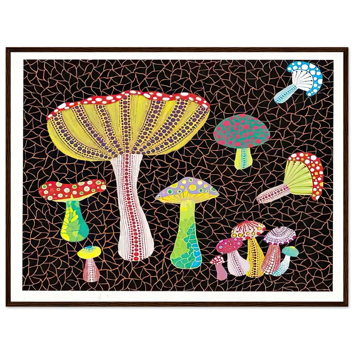 Yayoi Kusama framed print — Toadstools explores the eccentric shapes of woodland fungi, balancing rounded caps and slender supports, dark wood frame, 60x80 cm / 24x32″