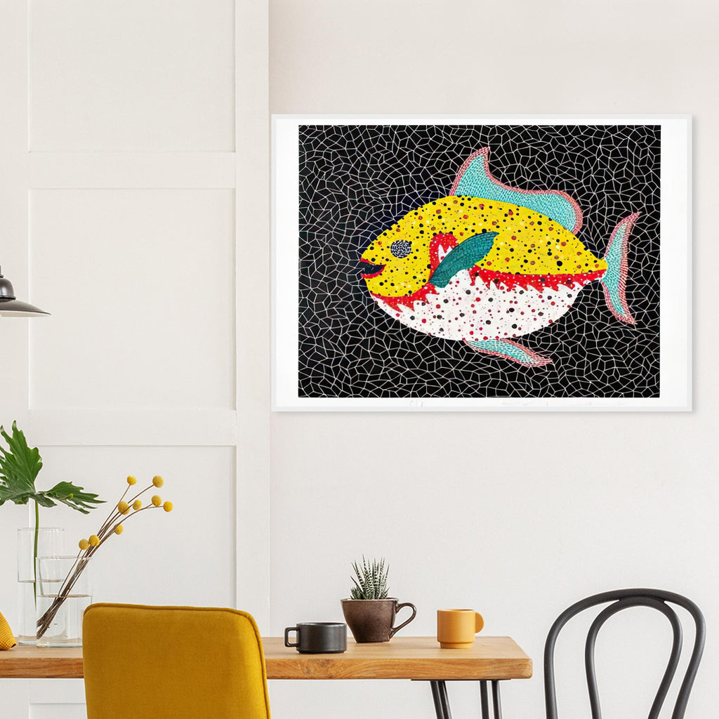 Yayoi Kusama framed print — Fish gives the fish’s streamlined body and sense of underwater movement a graphic role
