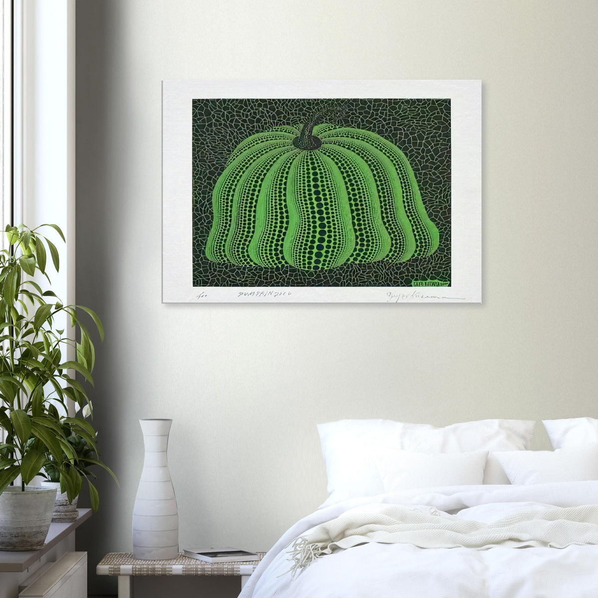Yayoi Kusama canvas print — Pumpkin 2000 (Green) uses a green treatment to reinterpret one of Kusama’s most affectionate subjects