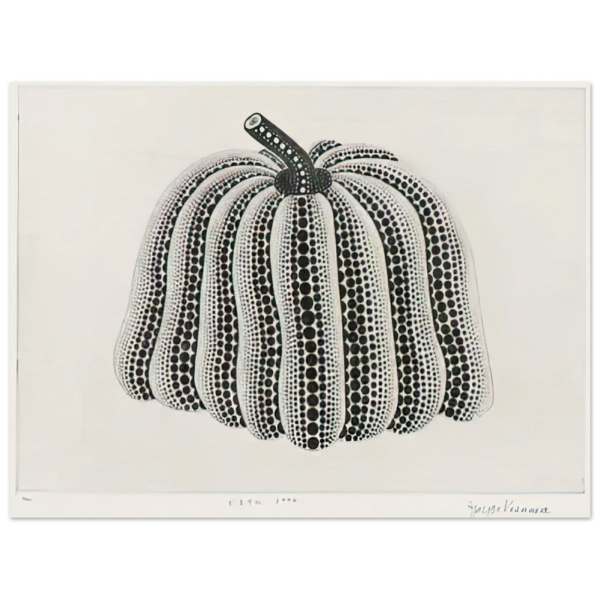 Yayoi Kusama poster — Pumpkin [Kusama 201] revisits Kusama’s best-known vegetable through the relationship between its distinctive form and repeating ornament, 15x20 cm / 6x8″
