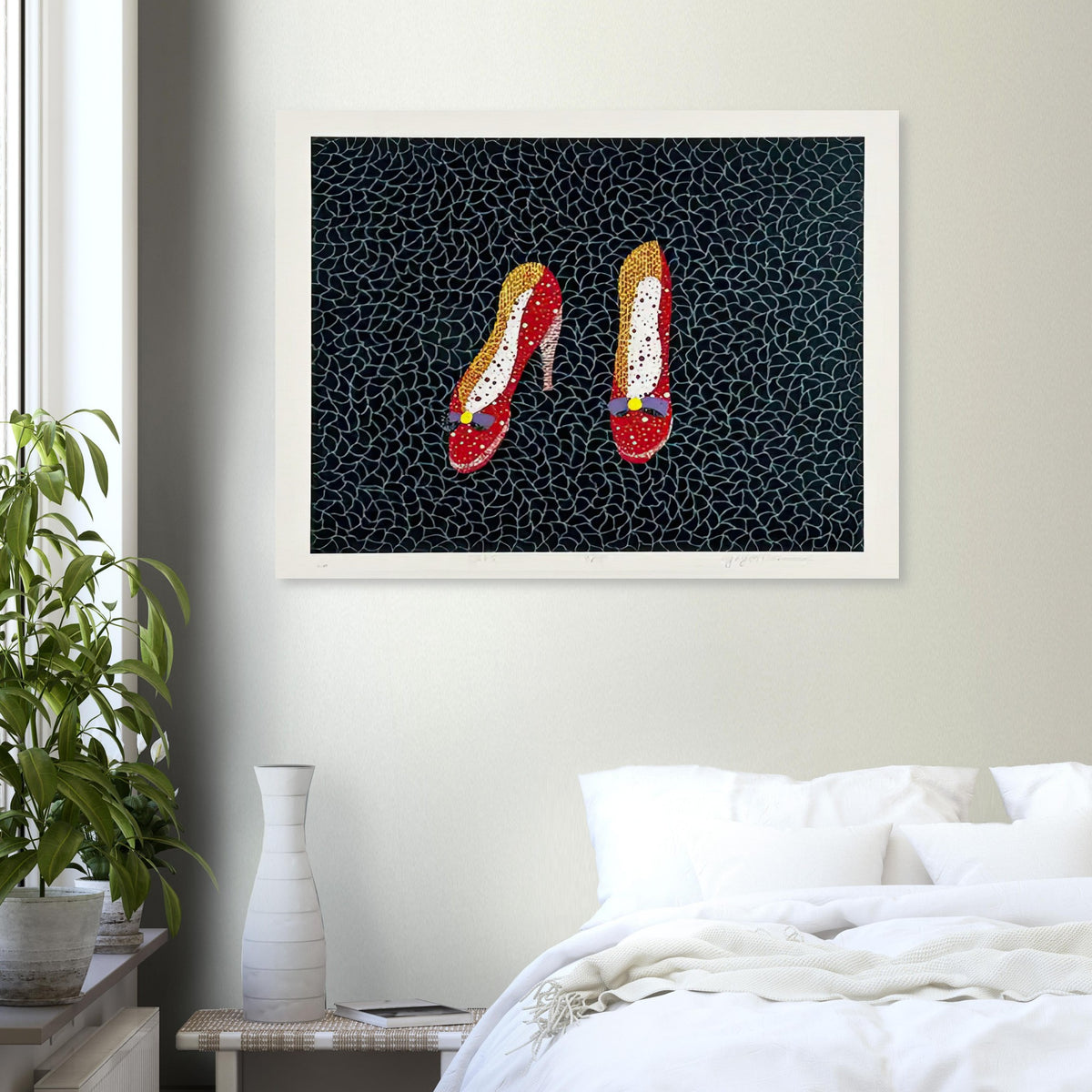 Yayoi Kusama poster — Shoes (2) turns a footwear object into an image about shape, balance and individuality