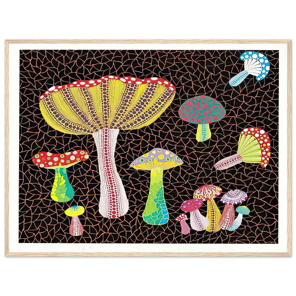 Yayoi Kusama framed print — Toadstools explores the eccentric shapes of woodland fungi, balancing rounded caps and slender supports, wood frame, 60x80 cm / 24x32″