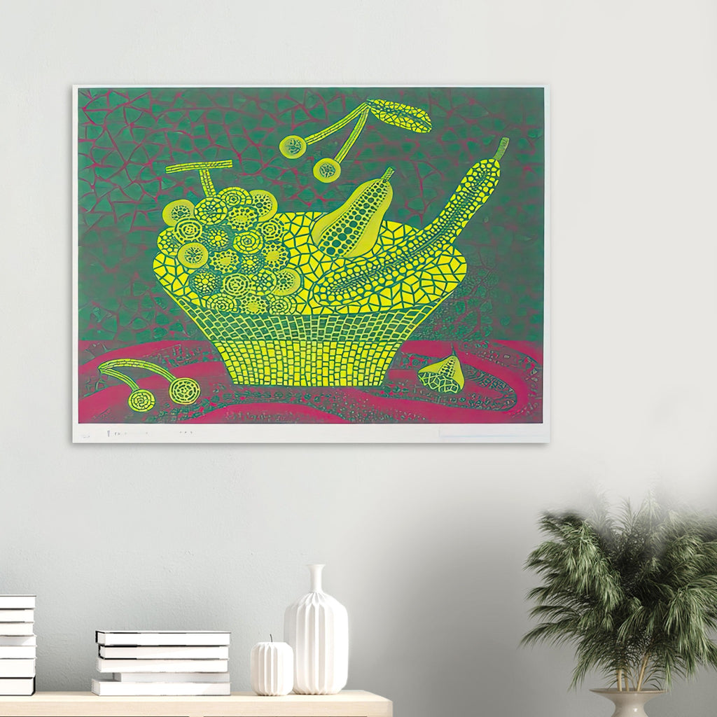 Yayoi Kusama poster — Fruit Basket (4) by Yayoi Kusama explores one of the artist’s recurring subjects: the abundance of ordinary fruit