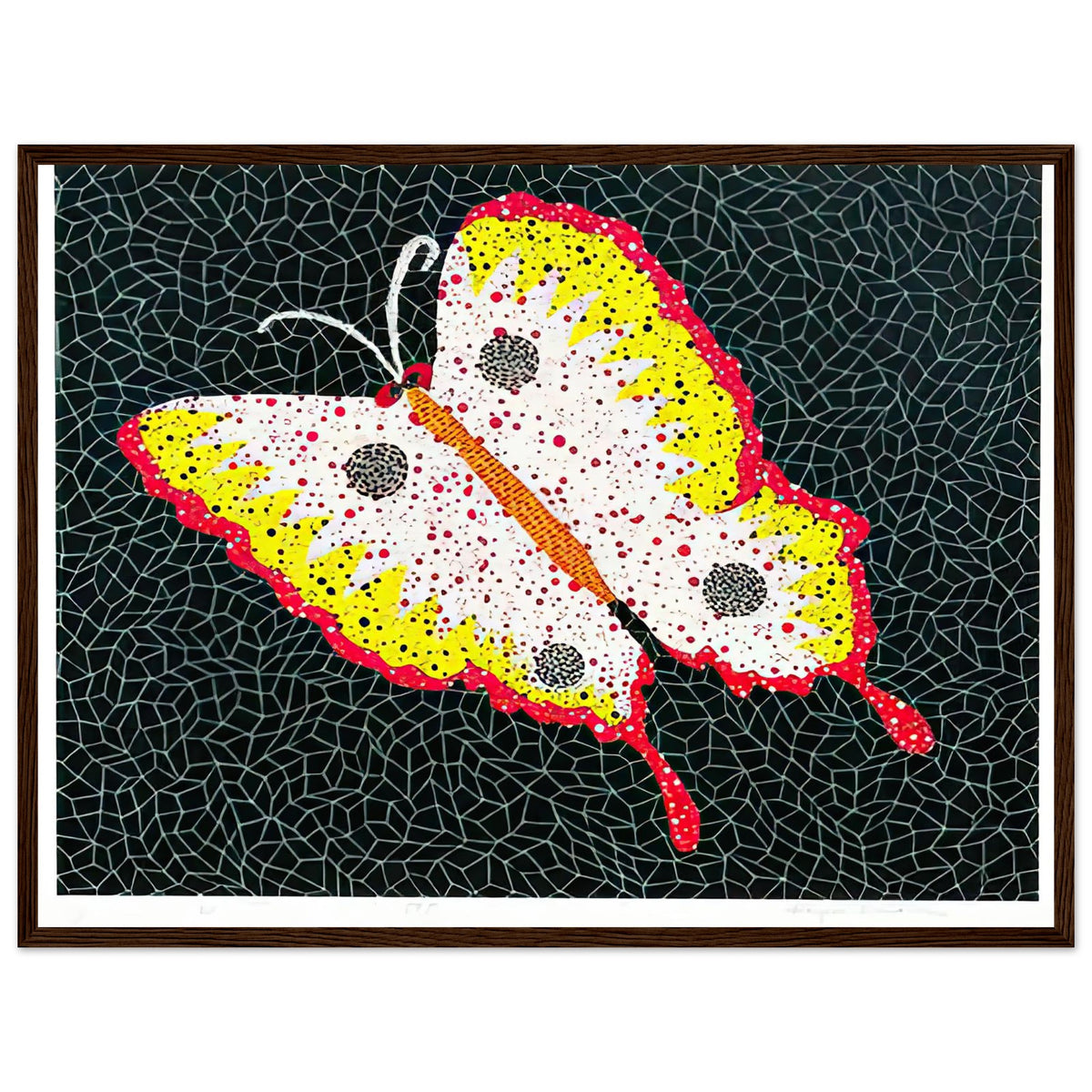 Yayoi Kusama framed print — Butterfly [Kusama 81] by Yayoi Kusama takes the lightness of a butterfly and gives it graphic intensity through pattern, dark wood frame, 45x60 cm / 18x24″