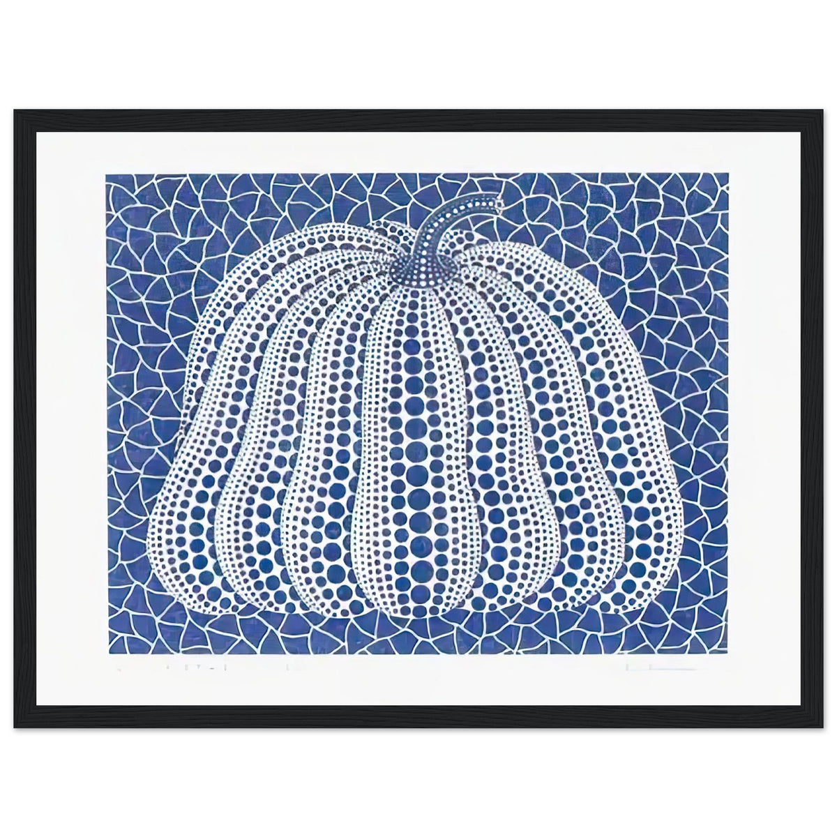 Yayoi Kusama framed print — Pumpkin (Blue, Version 2) presents Kusama’s familiar pumpkin through an explicitly blue variation, black frame, 30x40 cm / 12x16″