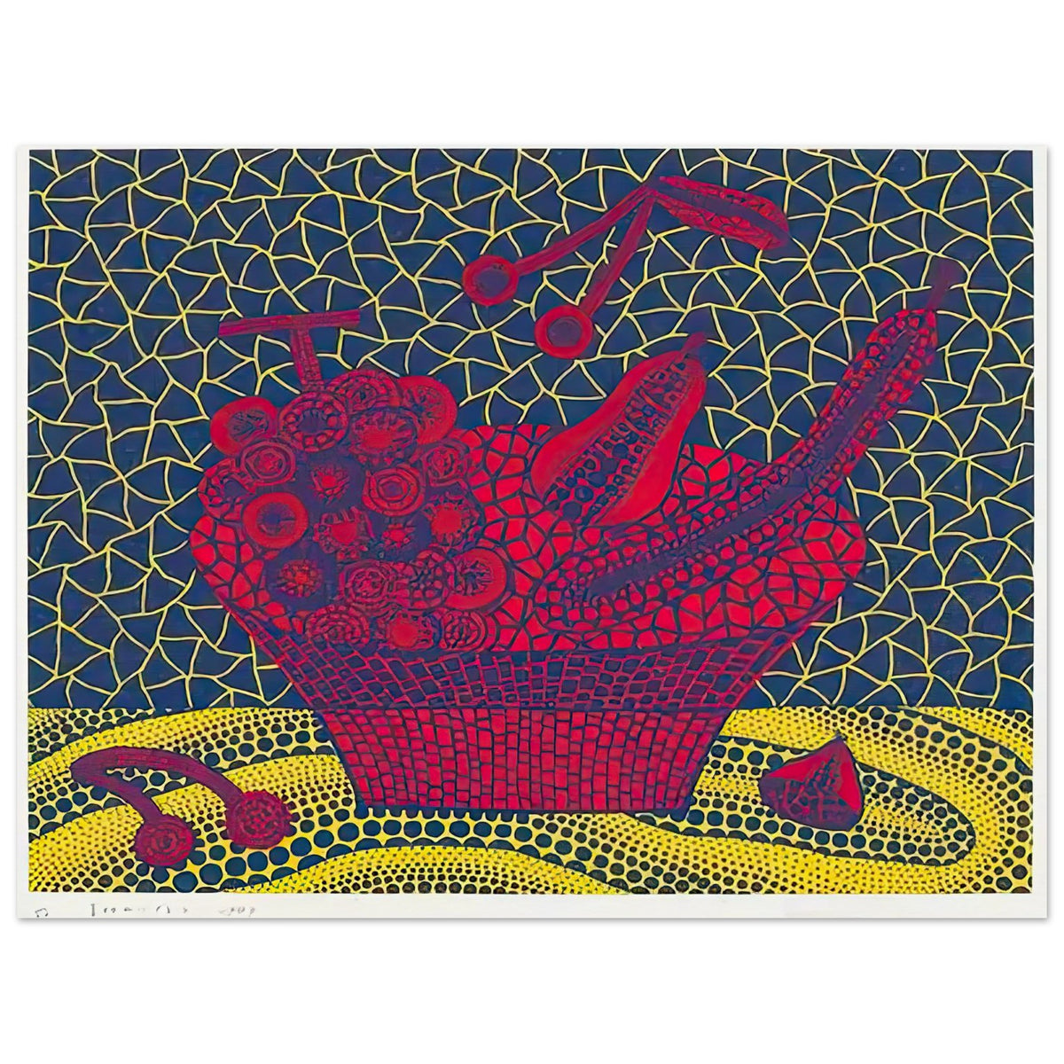 Yayoi Kusama poster — Fruit Basket (5) by Yayoi Kusama explores one of the artist’s recurring subjects: the abundance of ordinary fruit, 45x60 cm / 18x24″