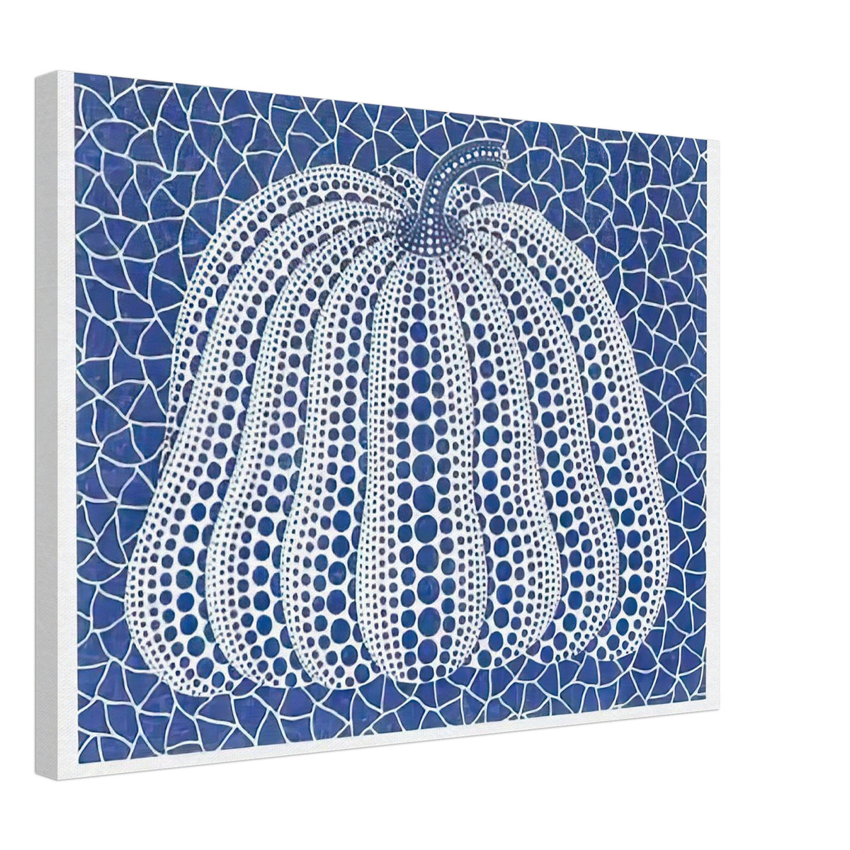 Yayoi Kusama canvas print — Pumpkin (Blue, Version 2) presents Kusama’s familiar pumpkin through an explicitly blue variation, 45x60 cm / 18x24″