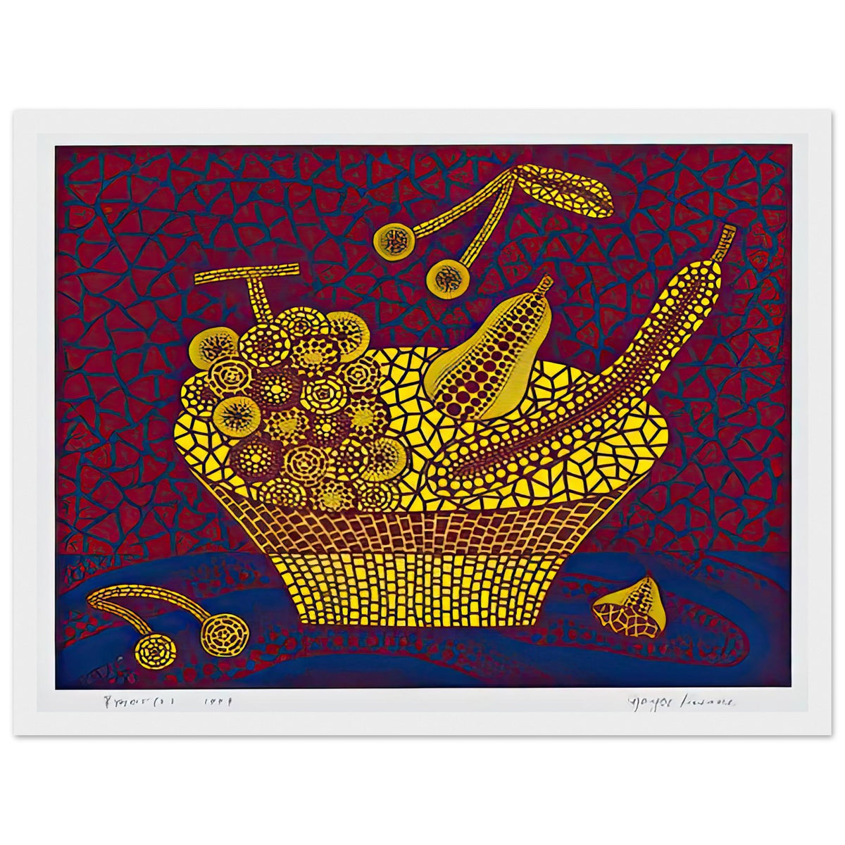 Yayoi Kusama framed print — Fruit Basket (2) by Yayoi Kusama explores one of the artist’s recurring subjects: the abundance of ordinary fruit, white frame, 30x40 cm / 12x16″