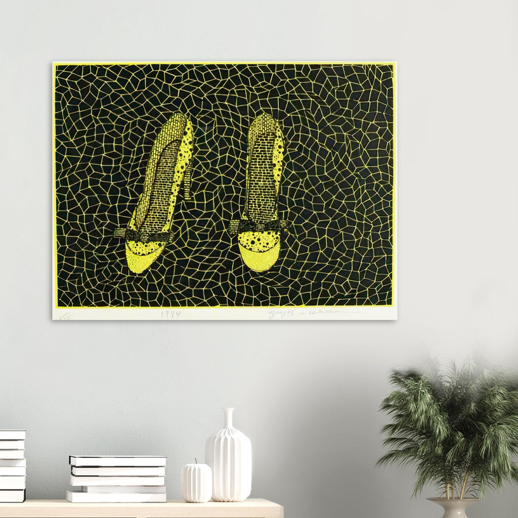 Yayoi Kusama poster — Shoes (3) turns a footwear object into an image about shape, balance and individuality