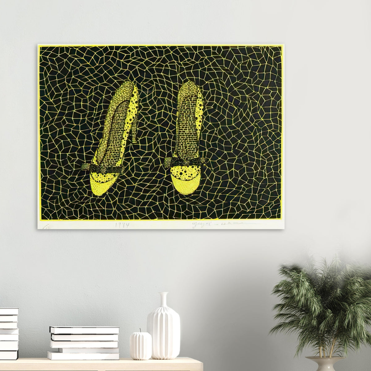 Yayoi Kusama poster — Shoes (3) turns a footwear object into an image about shape, balance and individuality