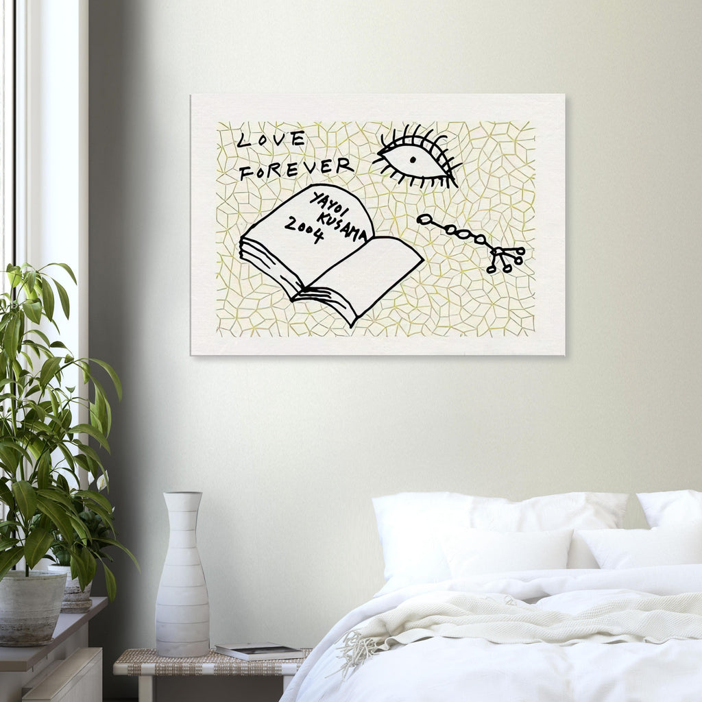 Yayoi Kusama canvas print — Book to Read at Night A places an illustrated book at the center of a strange, poetic visual world