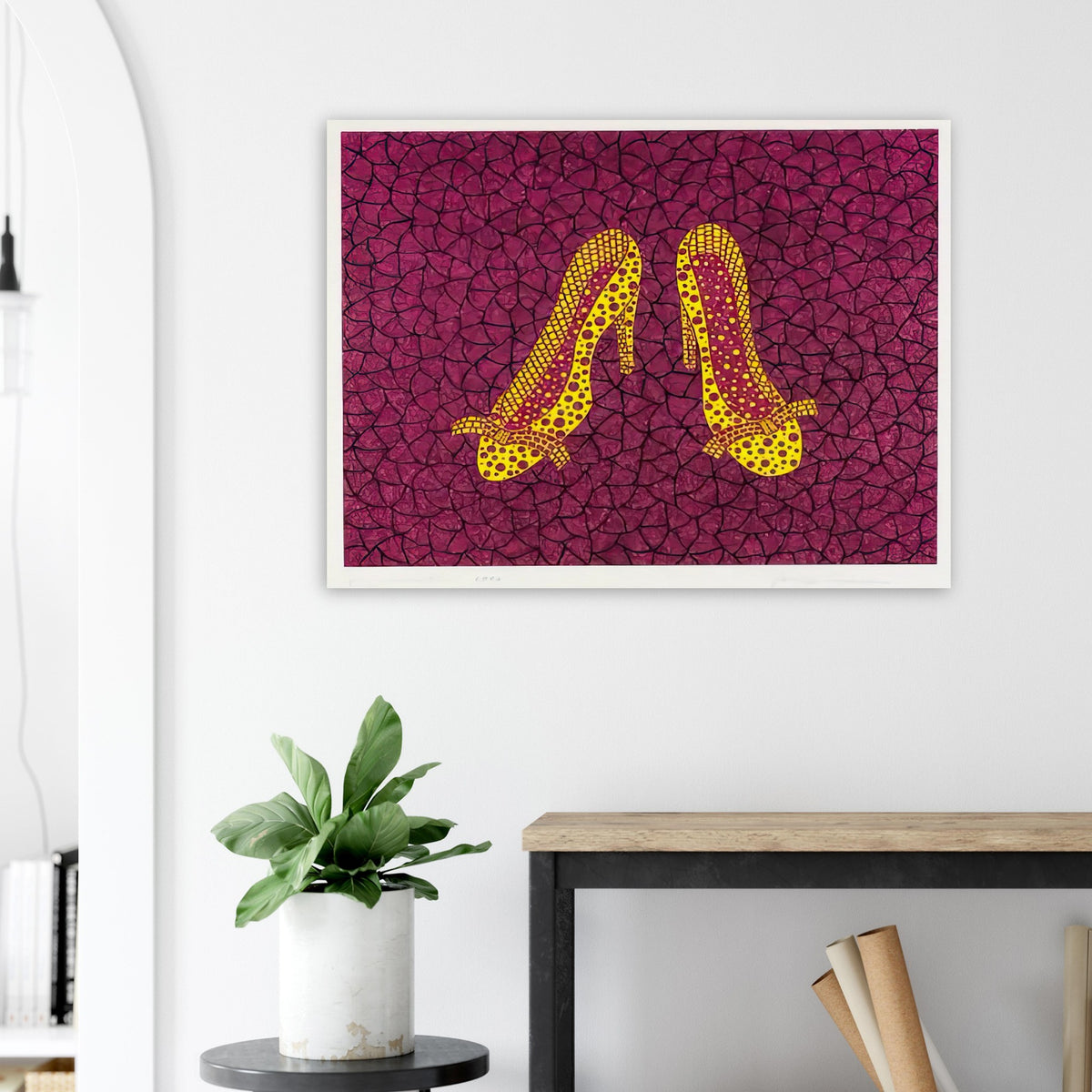 Yayoi Kusama poster — High Heels (2) makes a fashion accessory the protagonist of a Kusama print