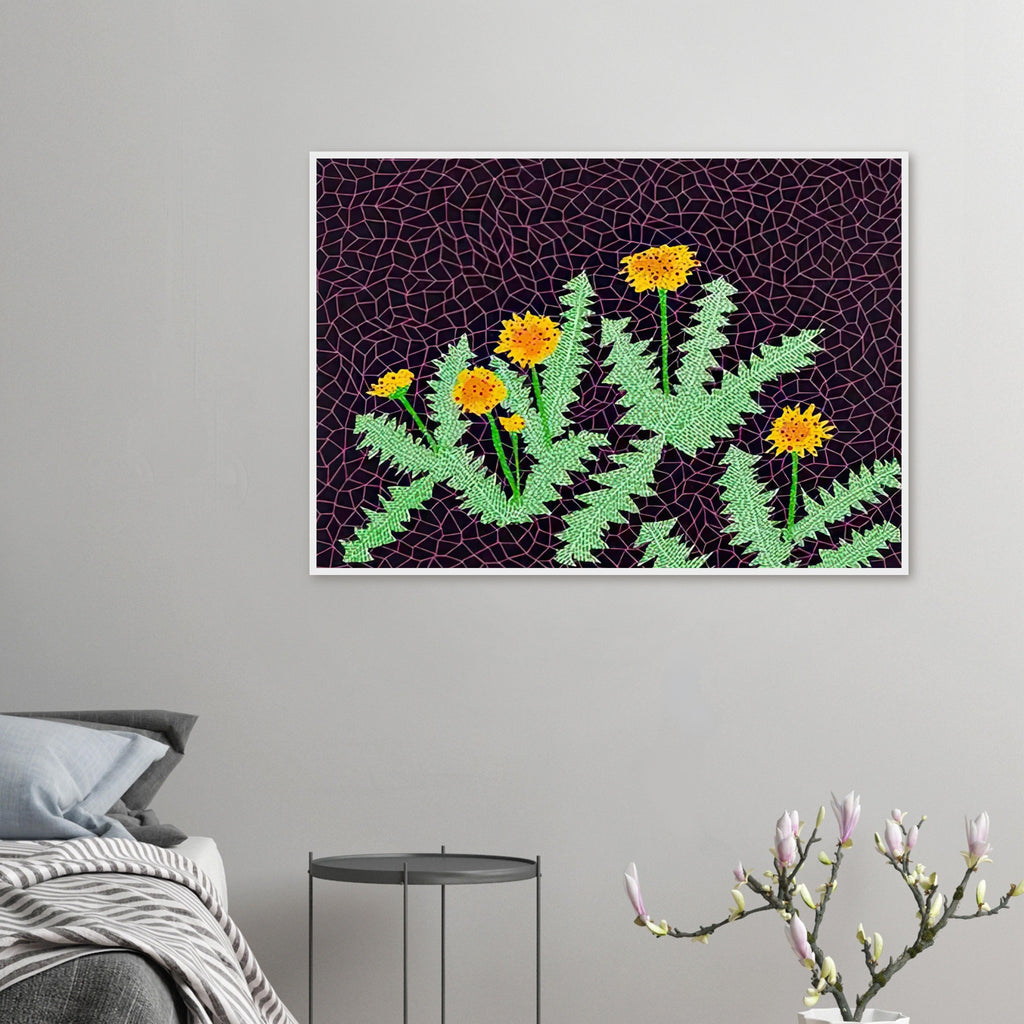 Yayoi Kusama framed print — Dandelions [Kusama 85] approaches a common meadow flower as a subject worth close observation