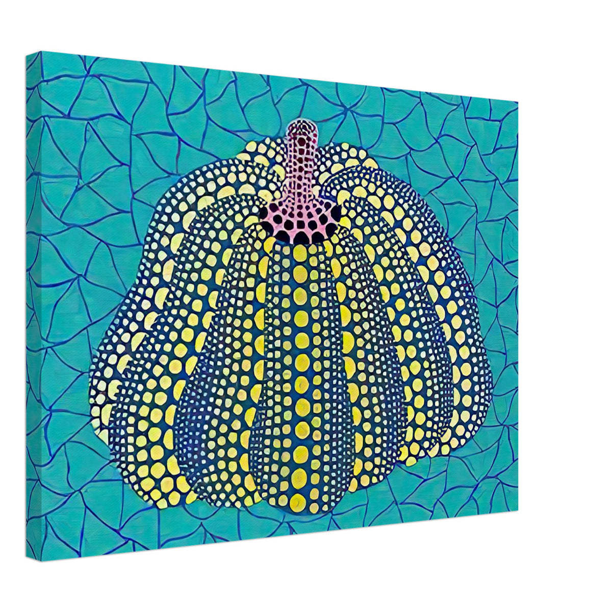 Yayoi Kusama canvas print — Pumpkin (OG) [Kusama 156] revisits Kusama’s best-known vegetable through the relationship between its distinctive form and repeating ornament, 45x60 cm / 18x24″