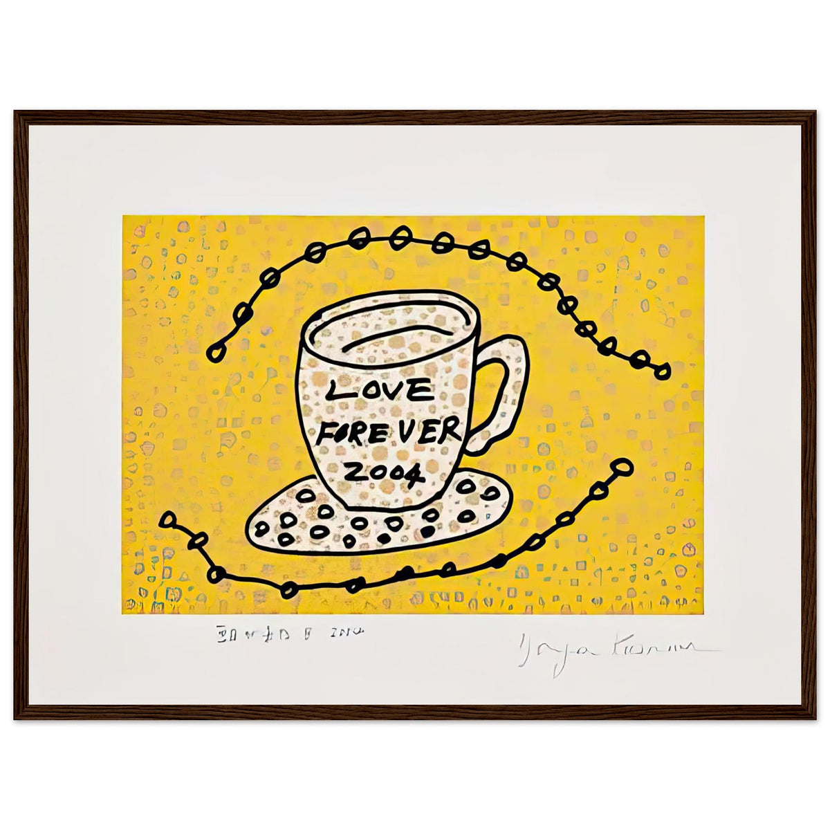 Yayoi Kusama framed print — Morning Is Here (B) joins a series of compact 2004 prints in which the beginning of the day becomes a subject for personal symbols and tightly controlled graphic, dark wood frame, 45x60 cm / 18x24″