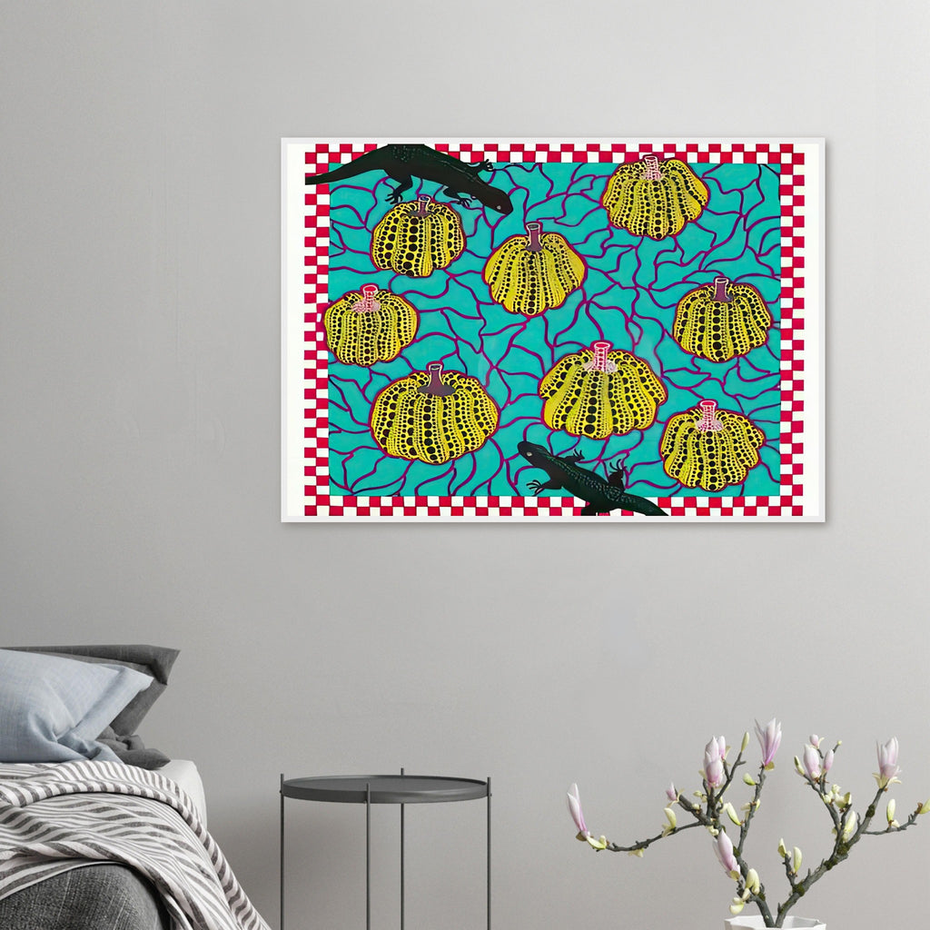 Yayoi Kusama framed print — Black Lizards introduces a less familiar animal motif into Kusama’s vocabulary of living creatures and repeating patterns