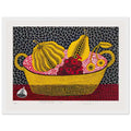 Yayoi Kusama framed print — Pumpkin and Fruits brings a dotted pumpkin into a richly populated still life rather than isolating the gourd on its own, white frame, 30x40 cm / 12x16″