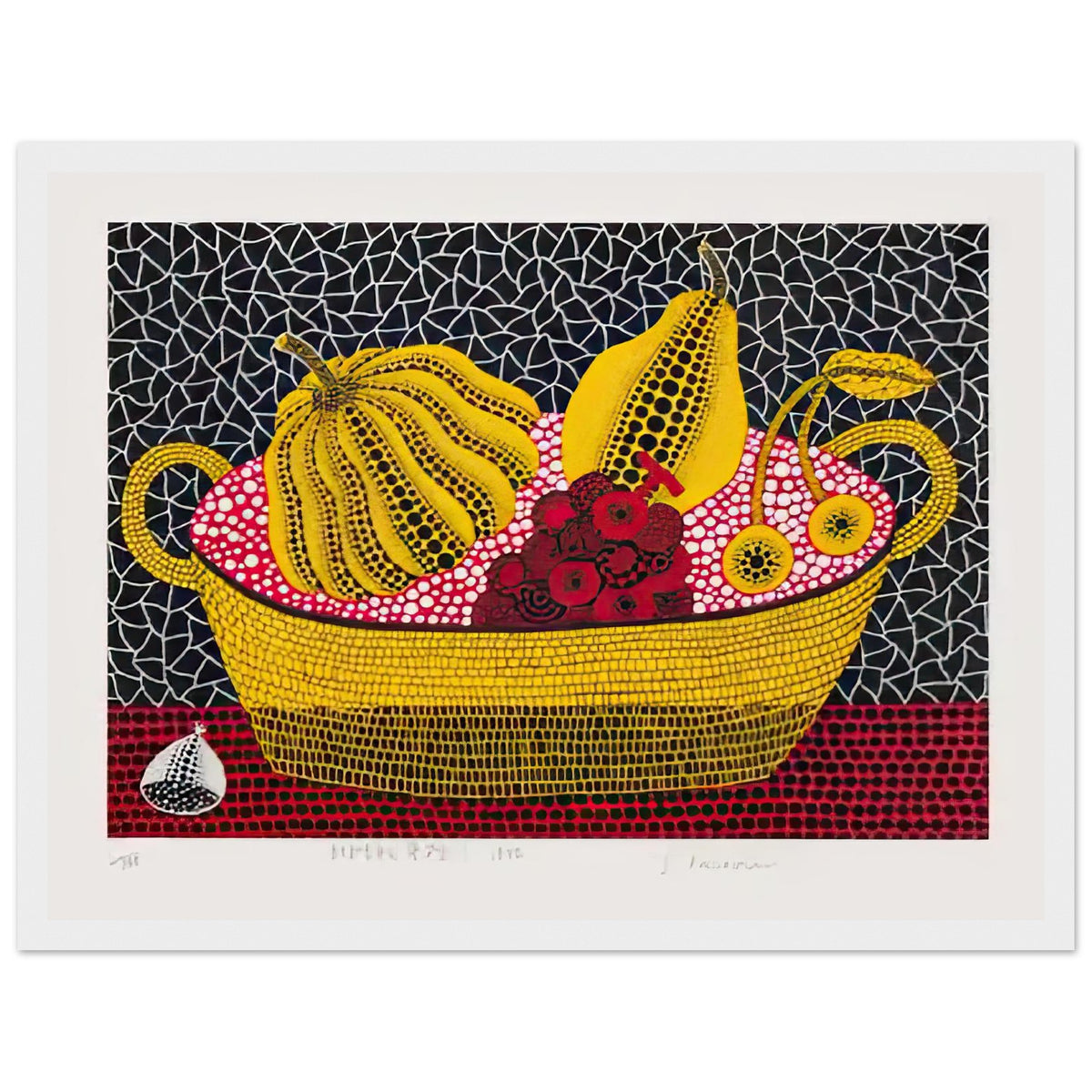 Yayoi Kusama framed print — Pumpkin and Fruits brings a dotted pumpkin into a richly populated still life rather than isolating the gourd on its own, white frame, 30x40 cm / 12x16″