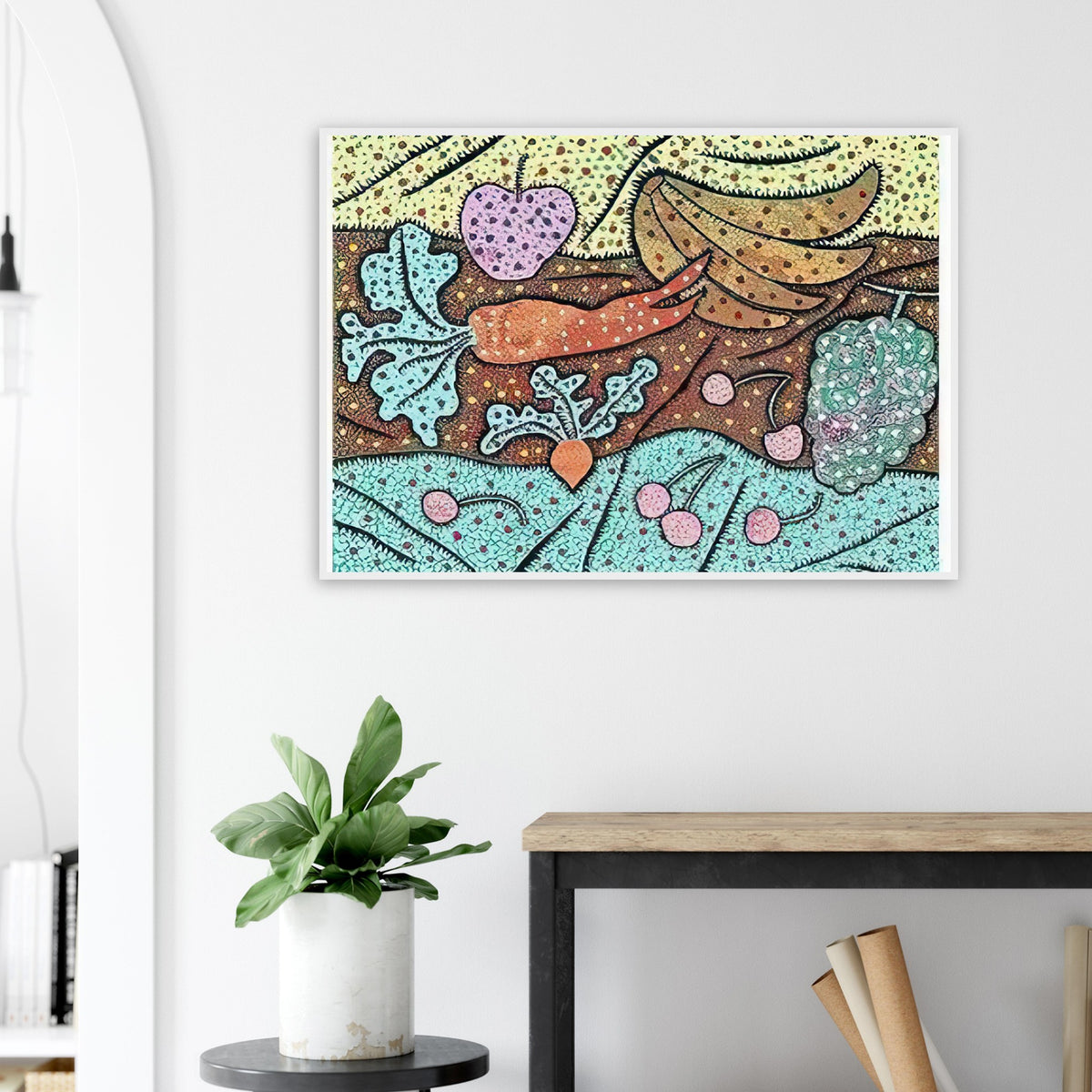 Yayoi Kusama framed print of Standing in the Visionary Field — standing in the Visionary Field belongs to Kusama’s important early printmaking period and combines an imaginative landscape with the visual idea of proliferation