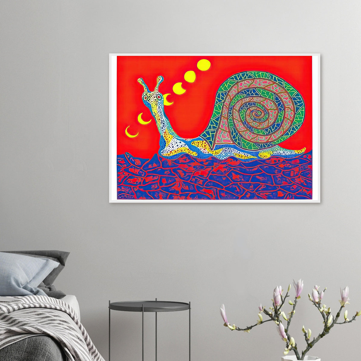 Yayoi Kusama framed print — Snail takes a slow-moving creature and makes its spiral shell and delicate movement the center of attention