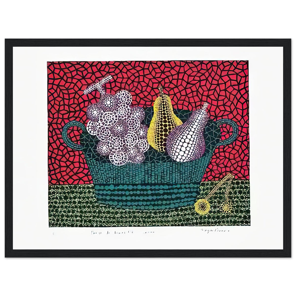 Yayoi Kusama framed print — Panier de Fruits I from Amour pour Toujours turns a basket of fruit into a lively decorative still life, black frame, 30x40 cm / 12x16″