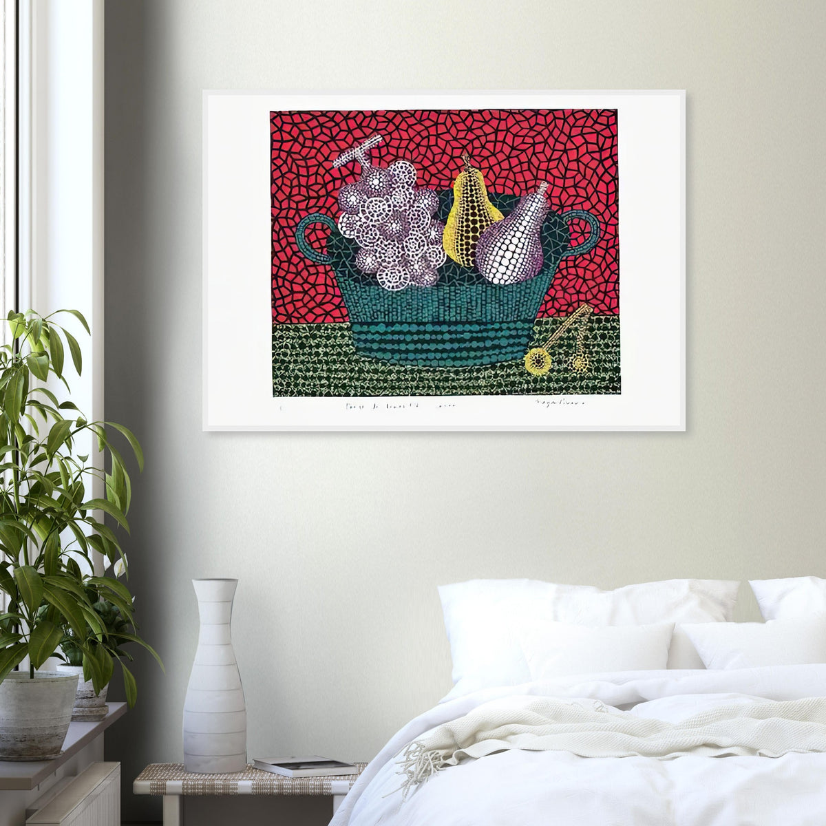 Yayoi Kusama framed print — Panier de Fruits I from Amour pour Toujours turns a basket of fruit into a lively decorative still life
