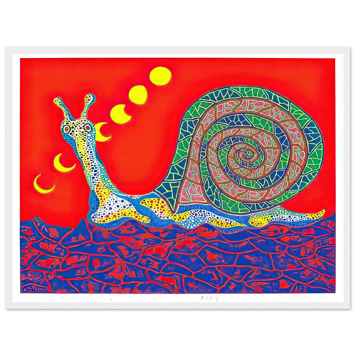 Yayoi Kusama framed print — Snail takes a slow-moving creature and makes its spiral shell and delicate movement the center of attention, white frame, 45x60 cm / 18x24″